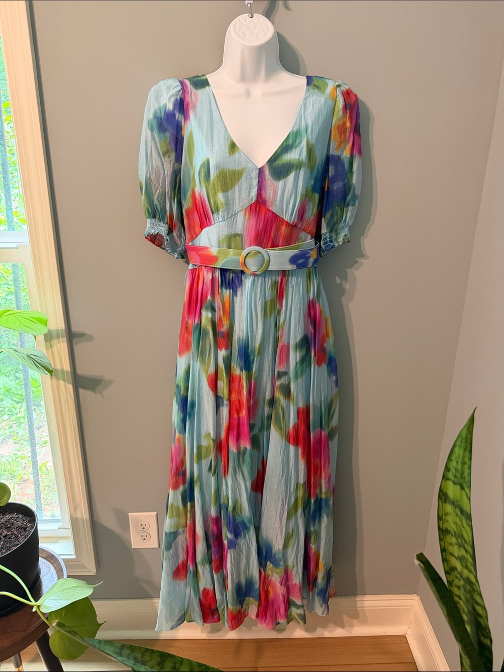 Blue floral maxi dress with belt.